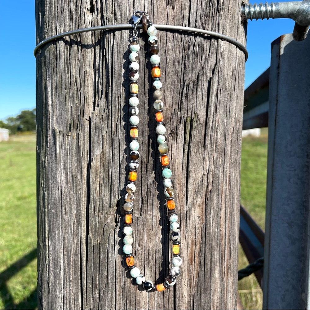 Handmade Blue Agate Beaded Necklace | Orange Imperial Jasper Gemstone Jewelry